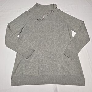 Jeanne Pierre Light Gray Knit Sweater Button Neck Pockets